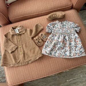 Max Studio Baby Tan Knit Cardigan with Floral Accents And Dress Set